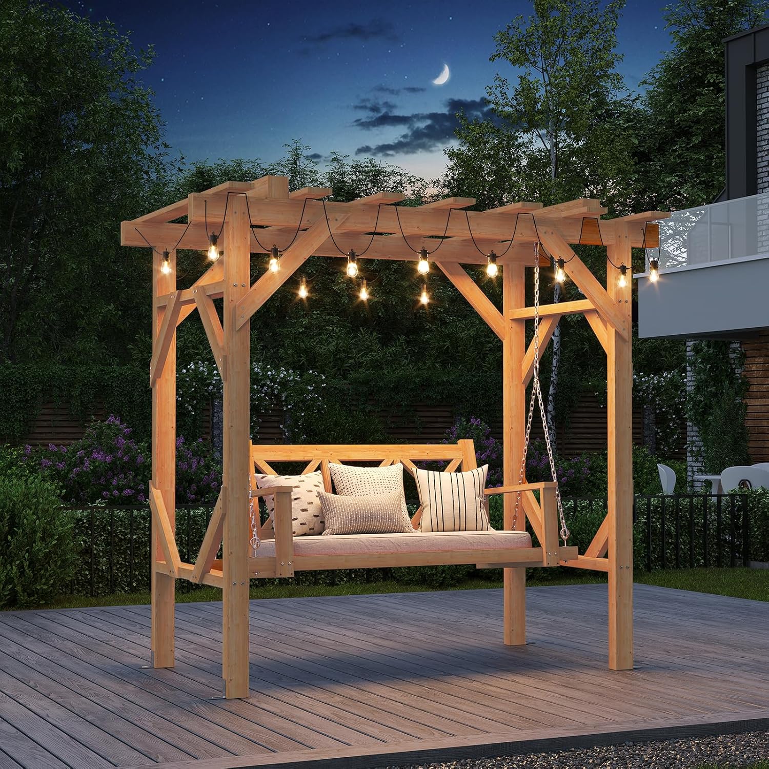 Hanging Egg Chair - Cedar Wood Pergola Swing Bench 3-Seat