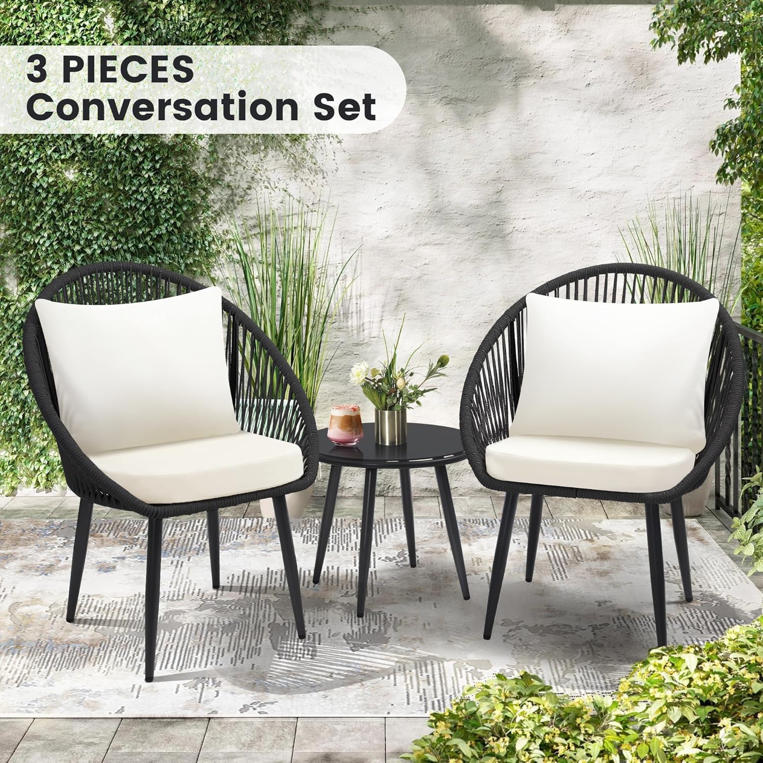 3 Pieces Bistro Set, Woven Rop - Outdoor Furniture Deals recension och pris